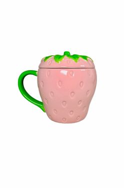 Lang Hand Painted Spring Pink Strawberry Ceramic 18 oz Mug with Green Lid.