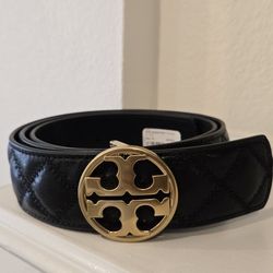 Brand New Black Tory Burch Willa Quilted Belt With Gold Logo Buckle. Size M