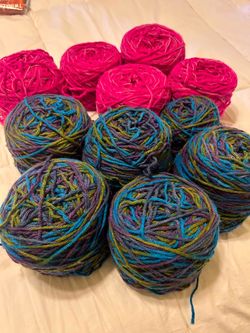 Bundle of blue and pink yarn
