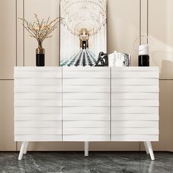 White Wood 47.2 in. Width, Sideboard, Storage Cabinet, Dresser with 4 Shelves and Wavy Alternating Stripes Surface