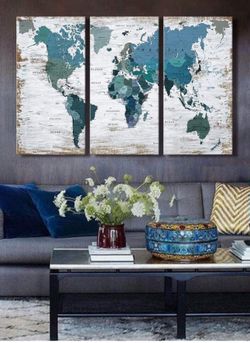 24x48 - 3 piece Teal Blue Watercolor World Map  Wall Art (Brand New)