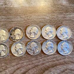 10 circulated Washington  90% Silver Quarters,   1964 and earlier