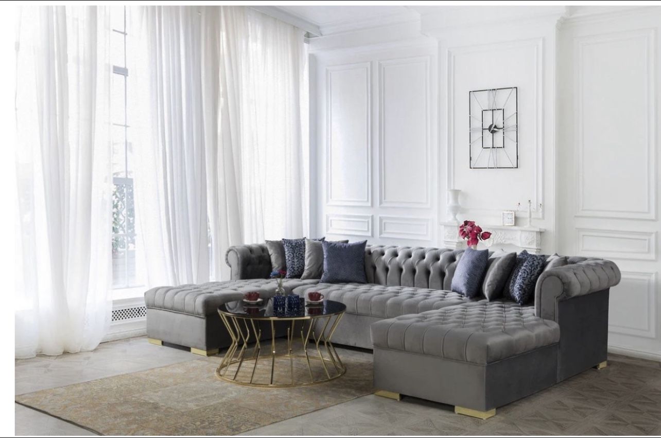 Lauren Velvet Double Chaise Sectional , Free Delivery