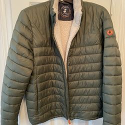 SAVE THE DUCK Mens Green Sherpa Lined Quilted Puffer Jacket L