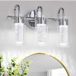  3-Light LED Vanity Light Fixture, 1500Lumen Dimmable Wall Sconce Lighting, Modern Bathroom Wall Lights with Crystal Bubble Glass 21W