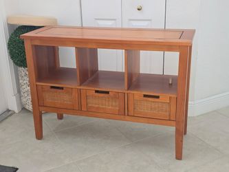 Mid-Century Modern Wood Console Table / Entryway Buffet with Rattan Drawers