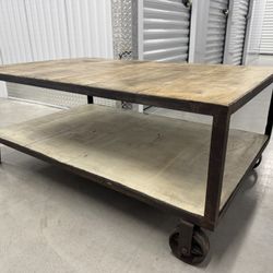 Rustic Coffee Table ( Solid - Metal Base - Wheels) Delivery Possible 