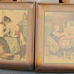Vintage Prints "The First Smile" & "The Grandmother" By Albert Anker (Printed On wood) Original Frame!!!