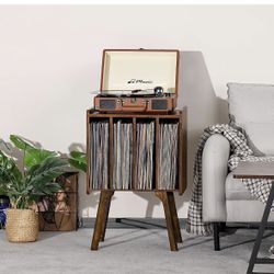 Small Record Player Stand - Width 11.7 in, Brown Vinyl Record Storage Table with 4 Cabinet Up to 80