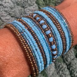 Beautiful Turquoise and Brass Colored  Wide Beaded Flex Bracelet