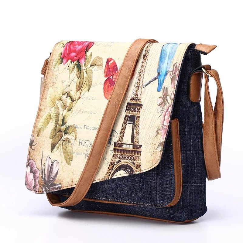 Annmouler Vintage Shoulder Bag Women's Fashion Demin Crossbody Bag Eiffel Tower Print Messenger Bag for Ladies Casual Tote Bags