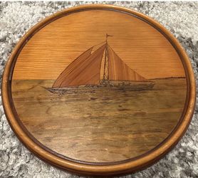 Vintage signed Daniel leahy Solar Etching Sail Boat wood wall