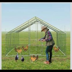 L582 $170 Large Metal Chicken Coop, 9.2'W x 24.9'L x 6.5'H Walk-in Poultry Cage, Chicken Run Pen House with Waterproof Anti-Ultraviolet Cover for Yar