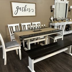 ❤️Farmhouse table chairs bench dinning table comedor farm style dining set white