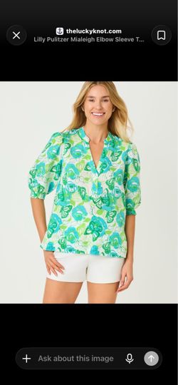 Brand new w/tags in factory plastic:  Lilly Pulitzer Mialeigh Elbow Sleeve Linen Top Color: Resort White / Monarch Rose Size: 10