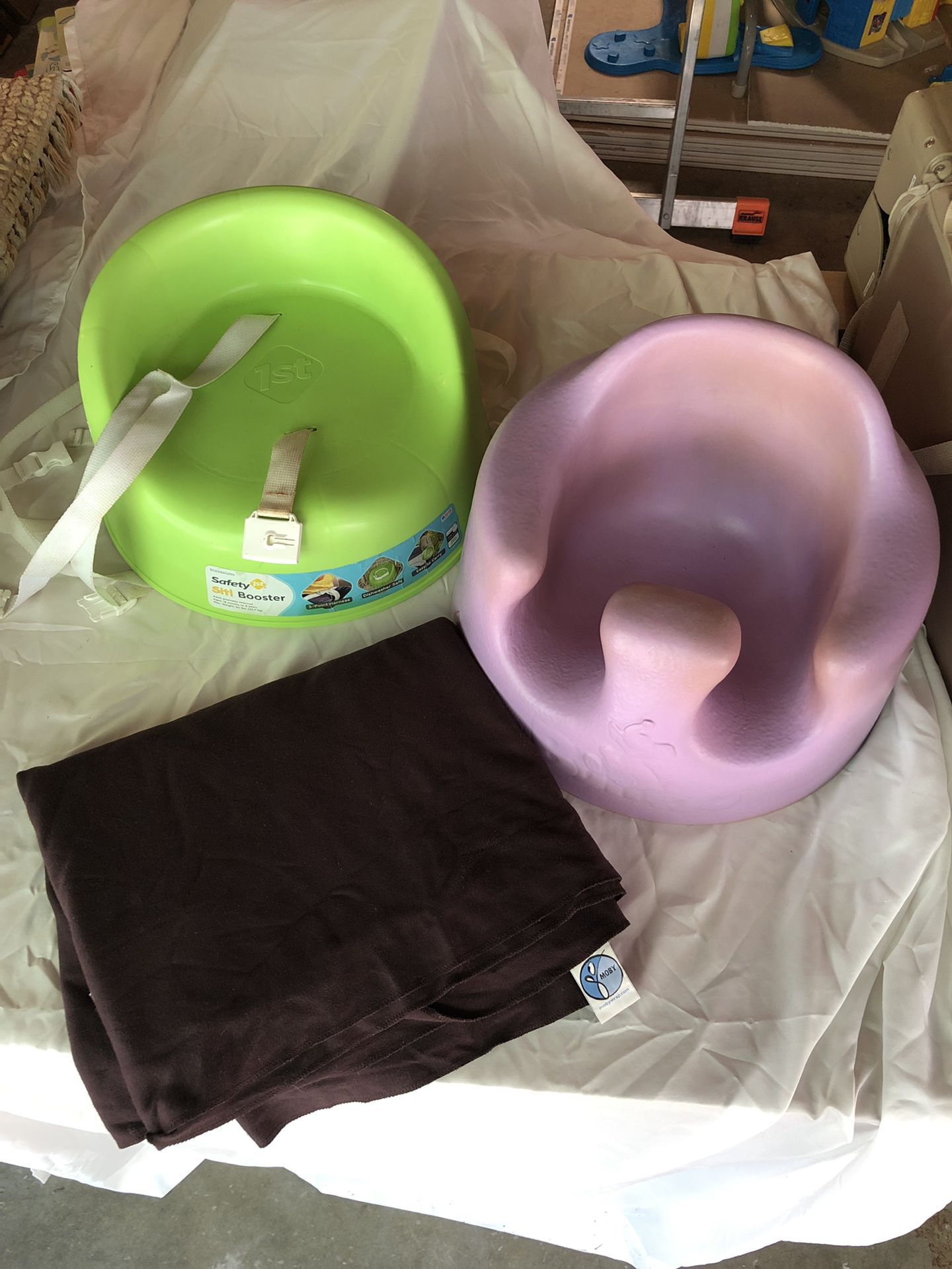Baby bundle! Brown moby wrap, purple bumbo and green travel booster seat