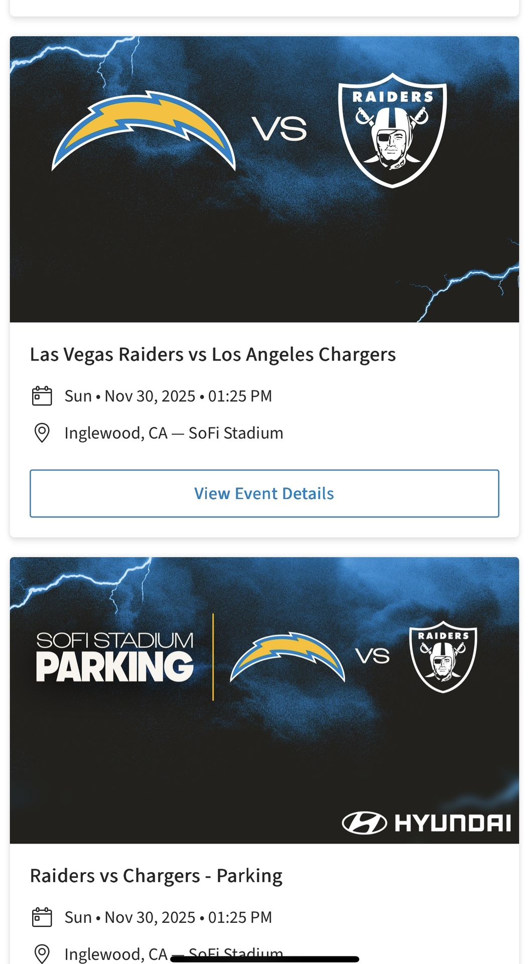 Charger vs Raiders game Sun Nov 30 @ 1:25 Plus parking