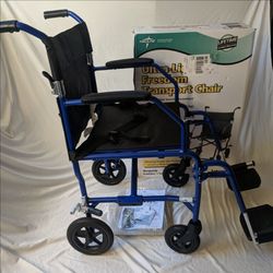NEW Medline Ultra Lightweight Transport Wheelchair, Foldable, 19" Seat Width, Blue Frame, Black Upholstery