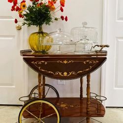 English Vintage Inlaid Wood Bar Cart / Tea Trolley