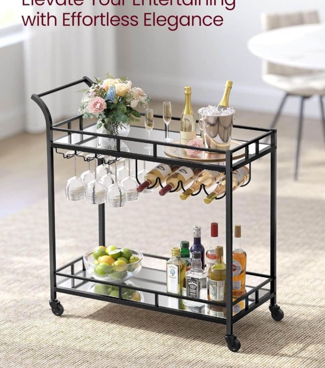 Bar Cart Black, Home Bar Serving Cart, Wine Cart with 2 Mirrored Shelves, Wine Holders, Glass Holders, for Kitchen, Dining Room, Black UL