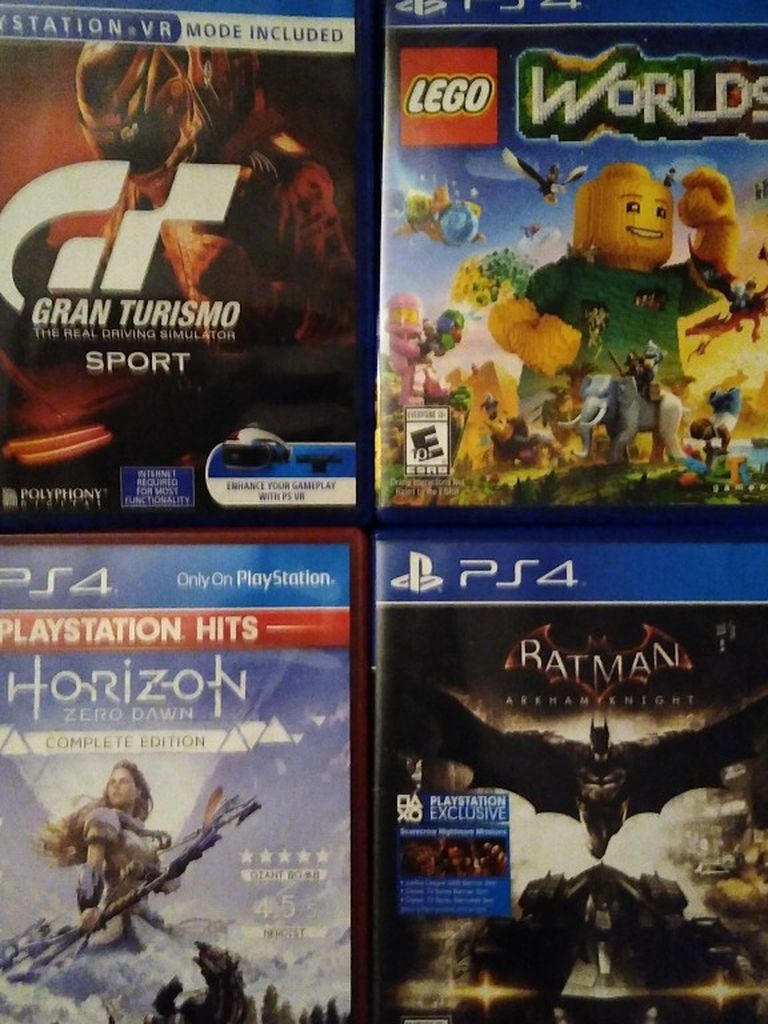 PS4 Games: Horizon Zero Dawn Complete Edition, Batman Arkham Knight, Lego Worlds, Gran Turismo Sport