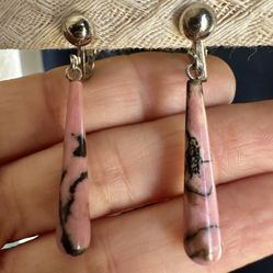 Pink Rhodonite Long Teardrop Clip Earrings 