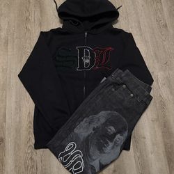 SDL hoodie and jeans