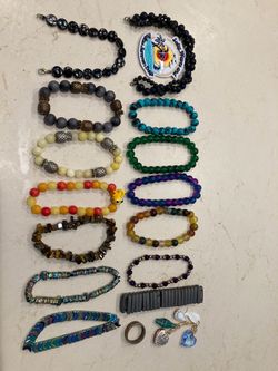 Assortment of Handmade Beaded Bracelets - Glass, Stone, Metal