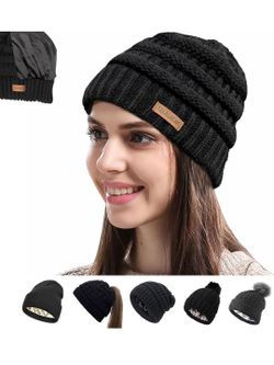 Womens Satin Lined Winter Beanie Cable Knit Beanie for Women Silk Lining Thick Chunky Hats