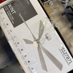 Kwint 52-in Brushed Nickel with Gray Blades Color-Changing LED Covered outdoor ceiling fan, light, remote, 5-blade