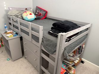 Grey Twin Low Loft Bed with Desk and Dresser