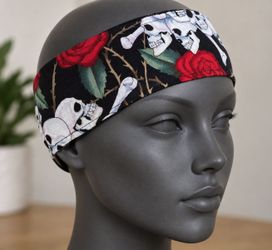 💀🌹 Skull & Red Rose Rockabilly / Pin-Up / Biker Fabric Cloth Headband