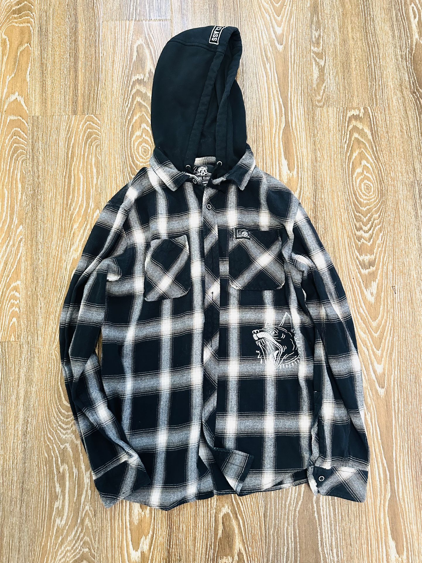 Lurking Class Hooded Flannel Shirt Mens Large Black Plaid Dog Embroidered