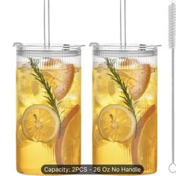 NIB Set Of 2 Large 26 Oz Ribbed Glass Tumblers With Lids & Straws