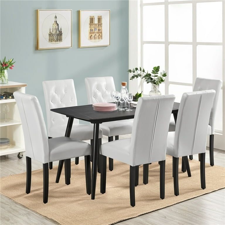 Dining Chairs with Leather Seat and Solid Wood Legs Button Tufted Padded Kitchen Chair Accent Side Chair for Home Kitchen and Restaurant, Set of 6, Wh