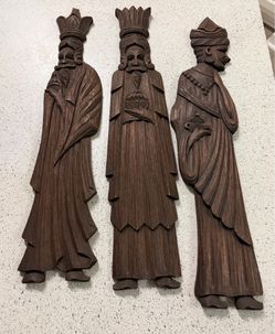 carved wood sculpture, three kings, wise men, wall hanging 23in