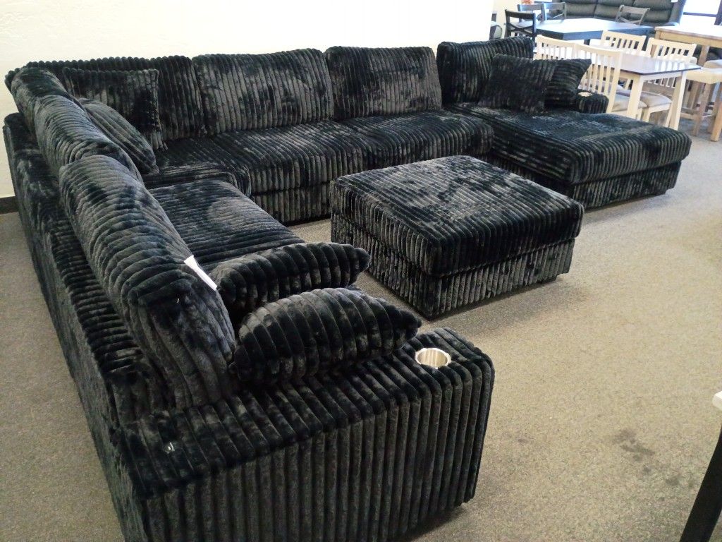 Black Corduroy Sectional Couch With Ottoman