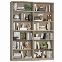 74.3” Double Wide 6-Tier Bookcase, Extra Large Wooden Freestanding Display Bookshelf for Home Office Living Room, Gray