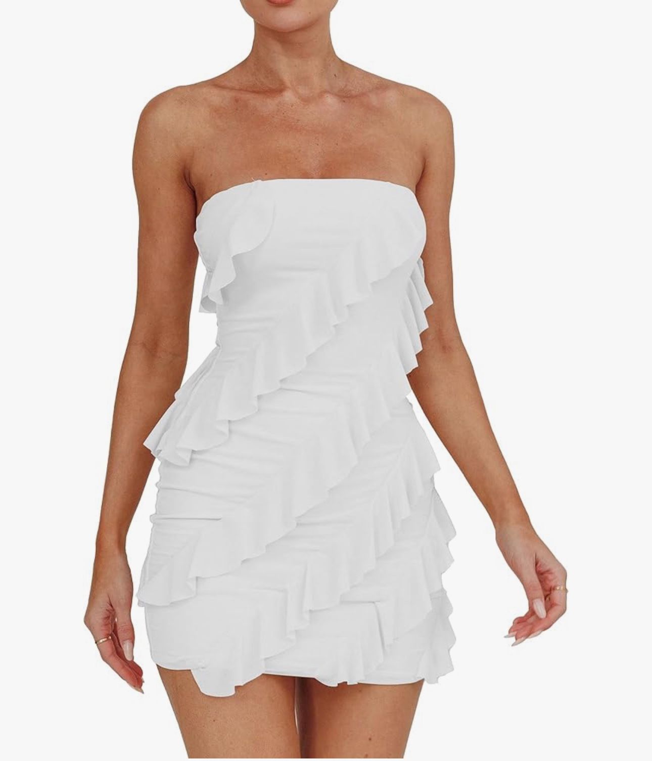Strapless White Mini Dress With Ruffles