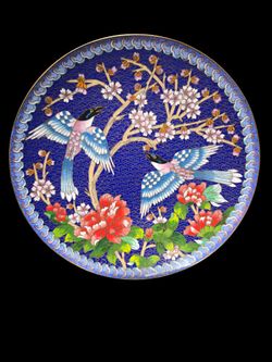Chinese Bird Cloisonné Plate Ching-t’ai-Ian Artist 1991 Azure Winged Magpie