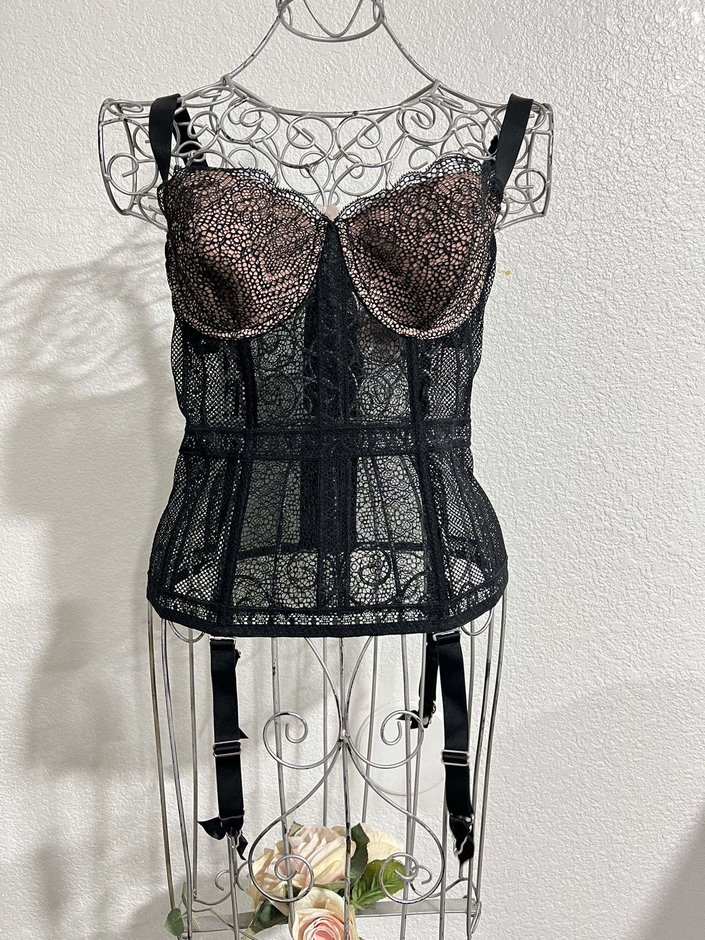 Victoria Secret 36c Lace Corset Black Underwired Strapless Top