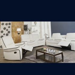 White Leather Fully Reclining Couch Set 