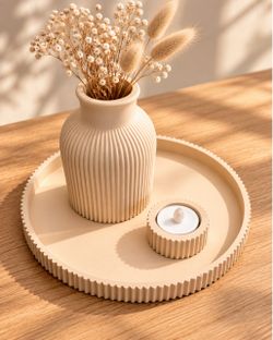 Modern Ribbed Vase & Candle Holder Set with Decorative Tray | 3D Printed Home Decor