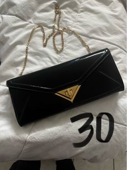 Black Patent Leather Envelope Clutch with Gold Chain
