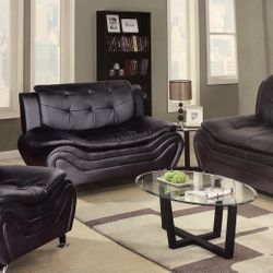 Black Leather Modern Style 3 Piece Sofa Set