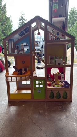 Wooden Dollhouse with Furniture and Figures