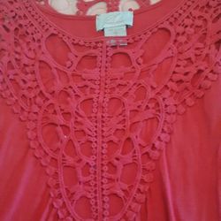 Beautiful Red Jersey Tunic W Crocheted  Yoke Front And Back