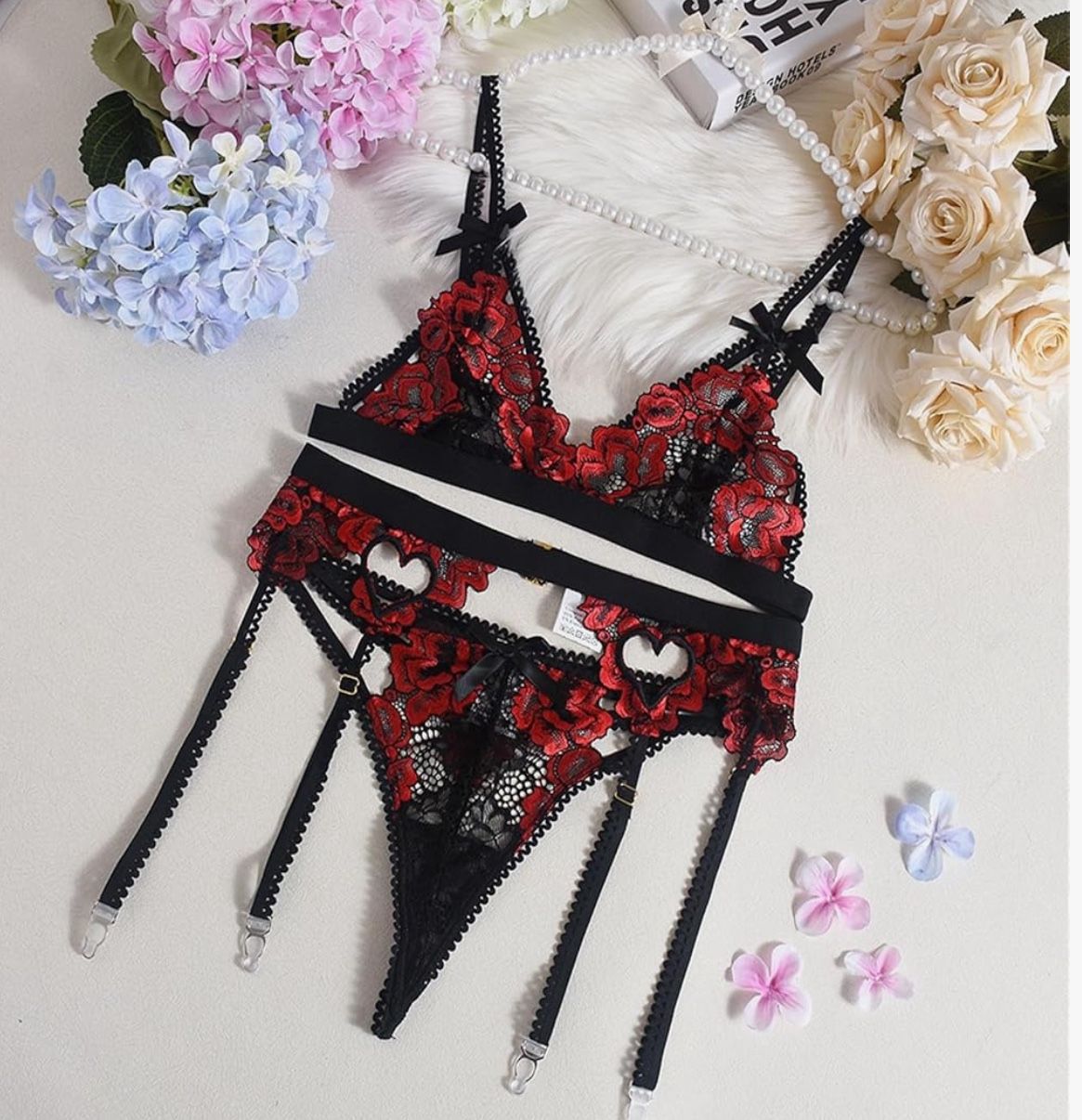 Medium Lingerie Sets with Garter Belt 3 Piece Lace Teddy Babydoll