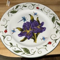 Tabletops Unlimited Botanical Garden 10 1/2" Dinner Plate Purple Flower Lady bug
