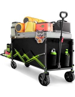 Collapsible Folding Wagon Extra Long Extender Wagon Cart,Beach Wagons Cart Heavy Duty Foldable, Utility Grocery Car with Side Pocket for Camping Garde